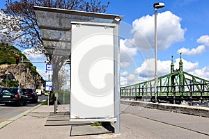 Bus shelter. blank white poster ad and billbord space. urban street background
