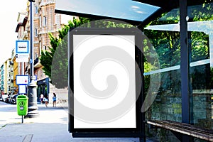 bus shelter at a bus stop. glass and aluminum frame. mockup base. bus shelter advertising concept
