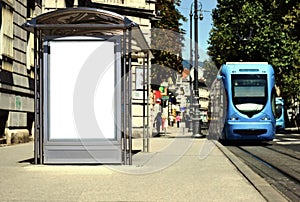 bus shelter at busstop. blank white lightbox. empty billboard. bus shelter advertising.