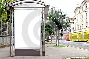 bus shelter at busstop. blank white lightbox. empty billboard. bus shelter advertising.