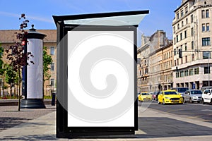bus shelter at a busstop. glass and aluminum frame. mockup base. bus shelter advertising concept