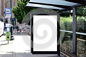bus shelter at a busstop. glass and aluminum frame. mockup base. bus shelter advertising concept