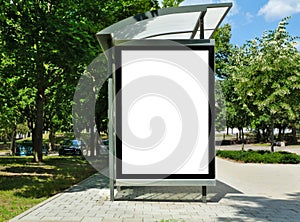 bus shelter at a busstop. glass and aluminum frame. mockup base. bus shelter advertising concept