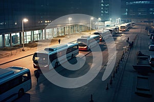 Bus station garage full with passenger buses at night.