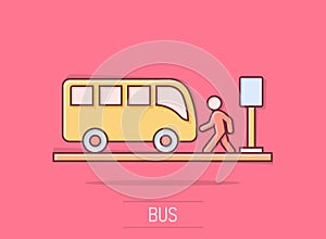 Bus station icon in comic style. Auto stop cartoon vector illustration on isolated background. Autobus vehicle splash effect photo