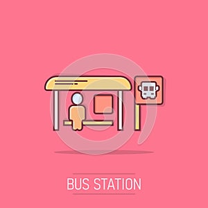 Bus station icon in comic style. Auto stop cartoon vector illustration on isolated background. Autobus vehicle splash effect