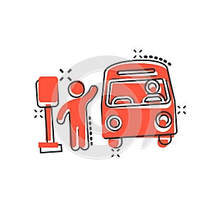 Bus station icon in comic style. Auto stop cartoon vector illustration on white isolated background. Autobus vehicle splash effect