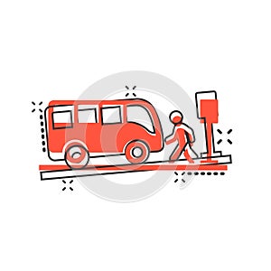 Bus station icon in comic style. Auto stop cartoon vector illustration on white isolated background. Autobus vehicle splash effect