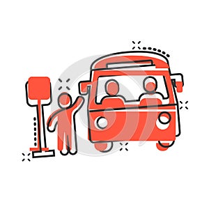 Bus station icon in comic style. Auto stop cartoon vector illustration on white isolated background. Autobus vehicle splash effect