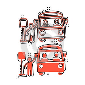 Bus station icon in comic style. Auto stop cartoon vector illustration on white isolated background. Autobus vehicle splash effect