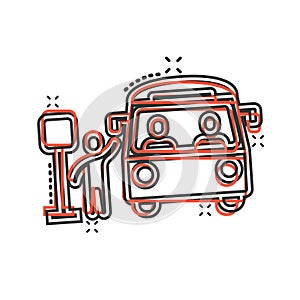 Bus station icon in comic style. Auto stop cartoon vector illustration on white isolated background. Autobus vehicle splash effect