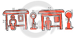 Bus station icon in comic style. Auto stop cartoon vector illustration on white isolated background. Autobus vehicle splash effect