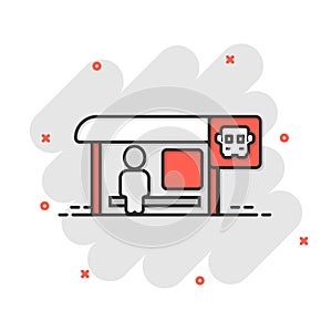 Bus station icon in comic style. Auto stop cartoon vector illustration on white isolated background. Autobus vehicle splash effect