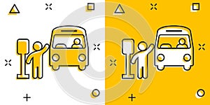 Bus station icon in comic style. Auto stop cartoon vector illustration on white isolated background. Autobus vehicle splash effect