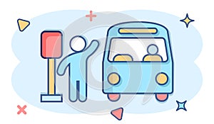 Bus station icon in comic style. Auto stop cartoon vector illustration on white isolated background. Autobus vehicle splash effect