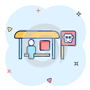 Bus station icon in comic style. Auto stop cartoon vector illustration on white isolated background. Autobus vehicle splash effect