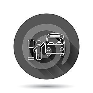Bus station icon in flat style. Auto stop vector illustration on black round background with long shadow effect. Autobus vehicle
