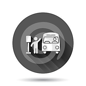 Bus station icon in flat style. Auto stop vector illustration on black round background with long shadow effect. Autobus vehicle