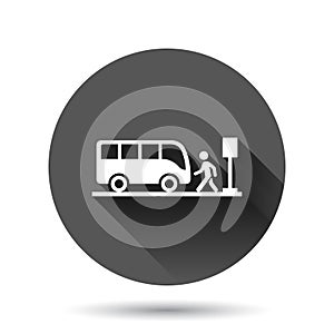 Bus station icon in flat style. Auto stop vector illustration on black round background with long shadow effect. Autobus vehicle