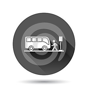 Bus station icon in flat style. Auto stop vector illustration on black round background with long shadow effect. Autobus vehicle