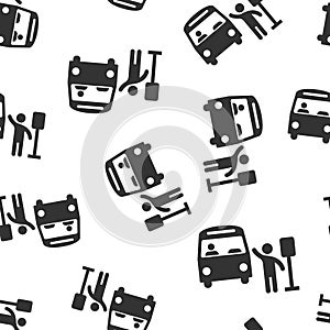 Bus station icon in flat style. Auto stop vector illustration on white isolated background. Autobus vehicle seamless pattern