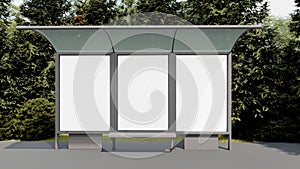 Bus station mockup with 3 empty spaces. 3d rendered realistic illustration