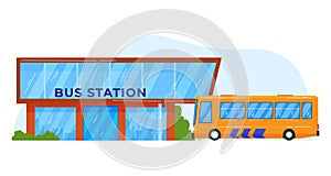 Bus station, public transport, city vehicle, building background, people travel, design, flat style vector illustration.