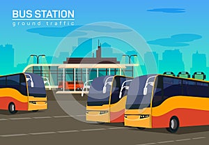 Bus station, vector flat background illustration