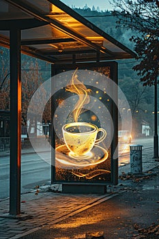 Bus stop with a billboard featuring a cup of coffee art
