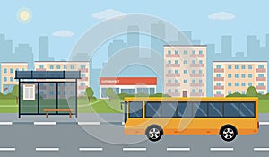 Bus stop and bus on city background.