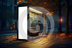Bus stop with empty white vertical billboard on side for advertising mock up mounted in autumn city at night