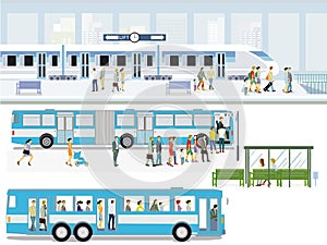 Bus stop with express train and passengers