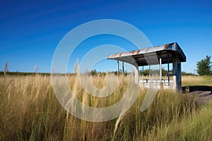 bus stop in the middle of nowhere, with tall grass and clear blue sky above