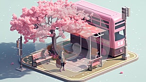 Bus stop near a pink cherry tree