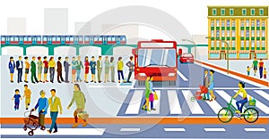 Bus stop, and pedestrians , illustration