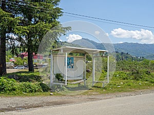 Bus stop in a picturesque location. Mountain View. Old bus stop