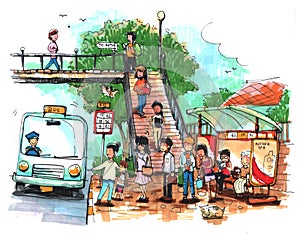 Bus stop, public transportation illustration