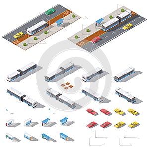 Bus stop and road architecture isometric icon set