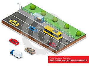 Bus stop. Set of the isometric bus, sedan, taxi, cargo, mini and bus stop.