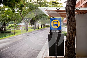 Bus stop sign on bus station. public transportation and communication.. image for background, wallpaper and copy space.