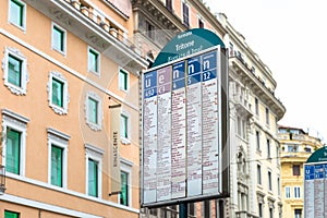 Bus stop sign in the city center, Trevi Fountain station, Rome, Italy.