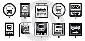 Bus stop sign icon set, simple style