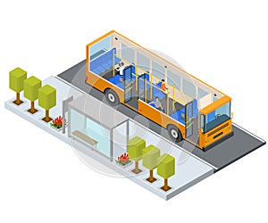 Bus Stop Station Autobus with People and Seats Isometric View. Vector