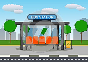 Bus Stop Station With Cityscape In Background Vector Flat Design