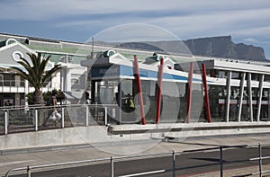 Bus stop and Table Mountain Cape Town S Africa