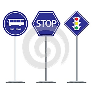 Bus stop and traffic dark blue sign design on white background.