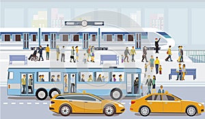 Bus stop with train station and fast train with passengers illustration