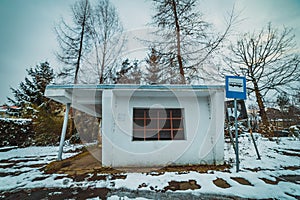 bus stop at the village in winter