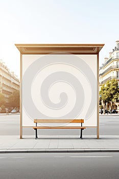 a bus stop with a white board