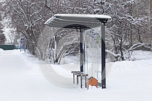 Bus stop in winter. Transportation in winter